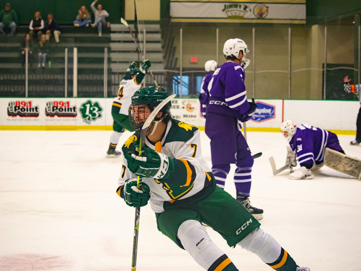 Connor Roach celebrating after his goal in Saturdays loss. (Photo Credit: Brockport Athletics)
