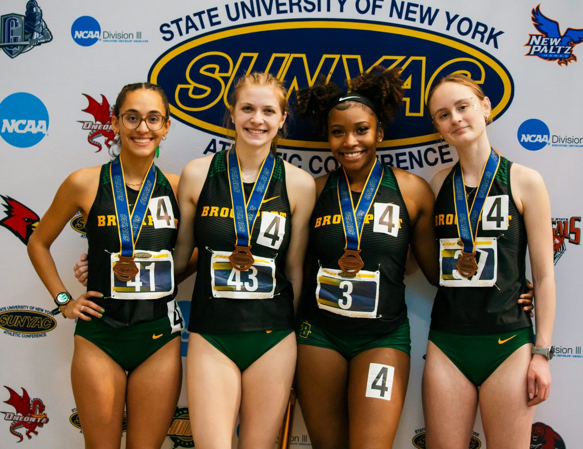 Brockports 4x400 team took third place at SUNYACs. (From left to right Mia Vizcaino, Marissa Wise, Courtney Bostic and Ariana Proper) (Photo Credit: Liv Metz/Brockport Athletics)