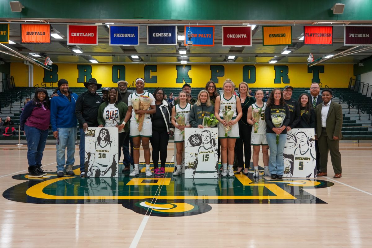 Brockport honored its four seniors ahead of Saturdays win over Geneseo. (From left-to-right: Zairea Hannah, Kelsey Morgans, Zoe Zutes, Hali Lucia) (Photo Credit: Brockport Athletics)