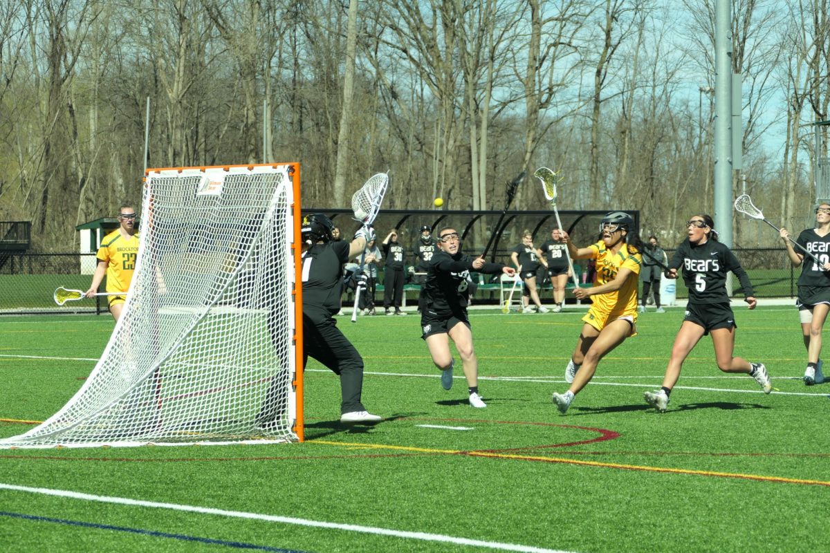 Alayna Foos attacking on goal in Saturdays win over Potsdam. Foos finished with a hat for Brockport.