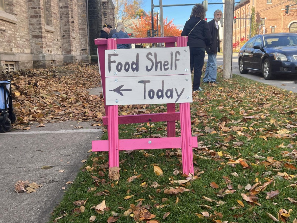 Sign outside of the Brockport church for the food shelf (Photo credit: Christopher Lewis) 