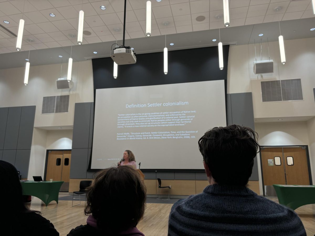 Dr. Mishuana Goeman speaking about land acknowledgements at SUNY Brockport (Photo Credit: Paige Kingsley)