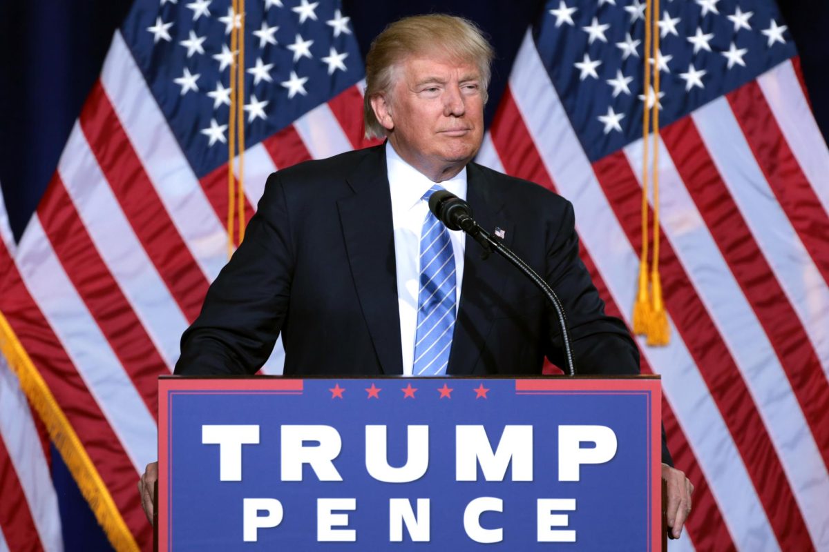 Donald Trump giving an immigration policy speech at the Phoenix Convention Center in Phoenix, Arizona.