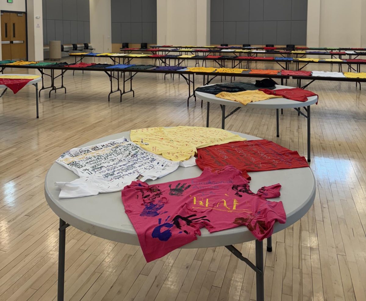 Shirts laid out in the Union Ballroom as part of the Clothesline Project (Photo Credit: Genevieve Chase)