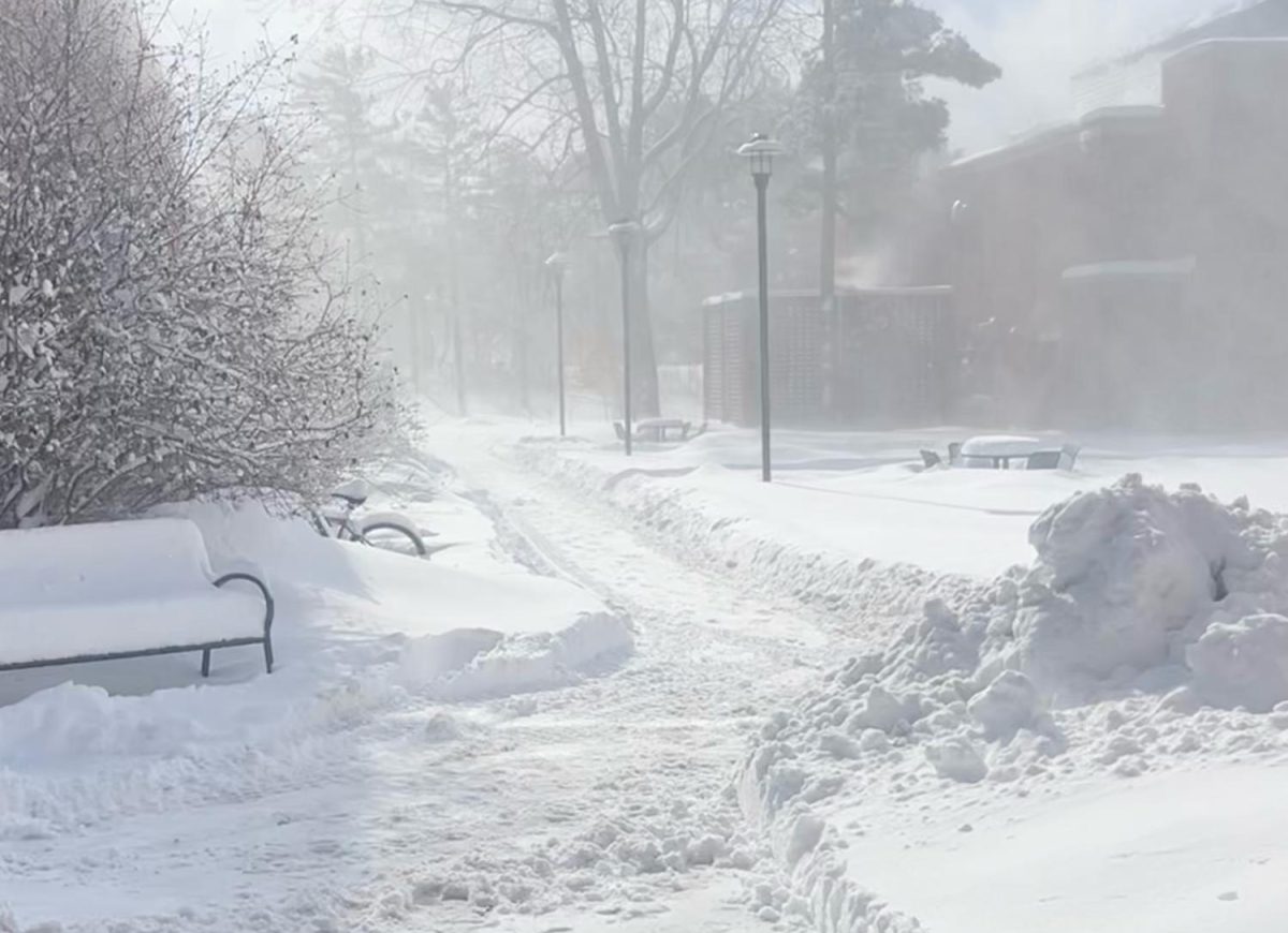 Snow covers campus pathways, creating access barriers.