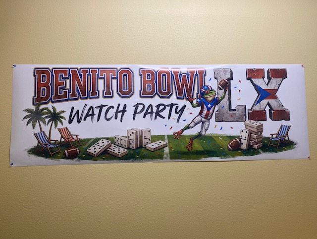 A photo of the banner for The Big Game Watch Party in the SUNY Brockport Student Union. (Photo Credit/Cassandra Thibault)