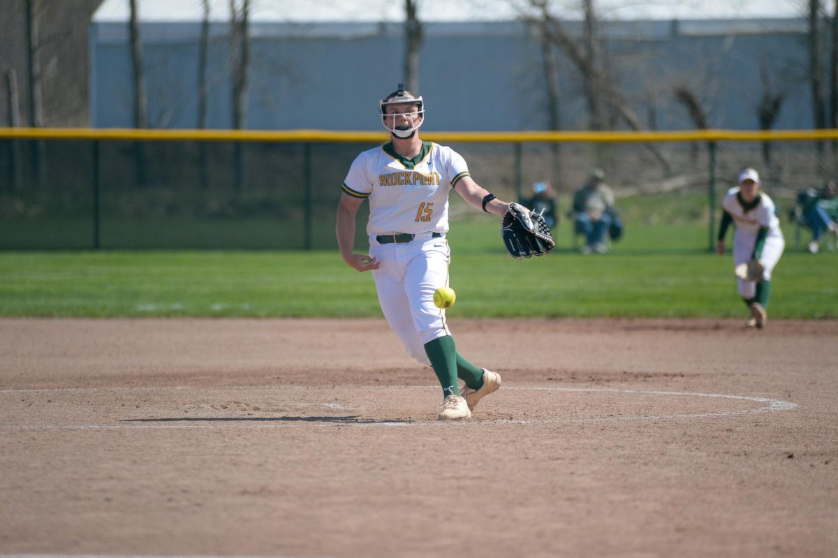 Liana DeValder (15) fanned nine over seven scoreless innings of six-hit ball to lead Brockport to a 3-0 victory in game one. 